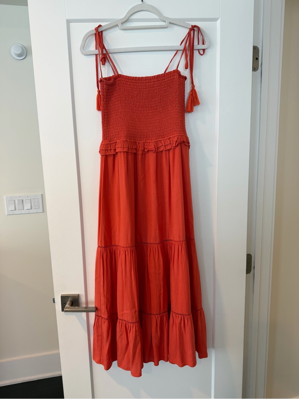 Lost + Wander Coral Tiered Smocked Maxi Dress with Tassel Straps